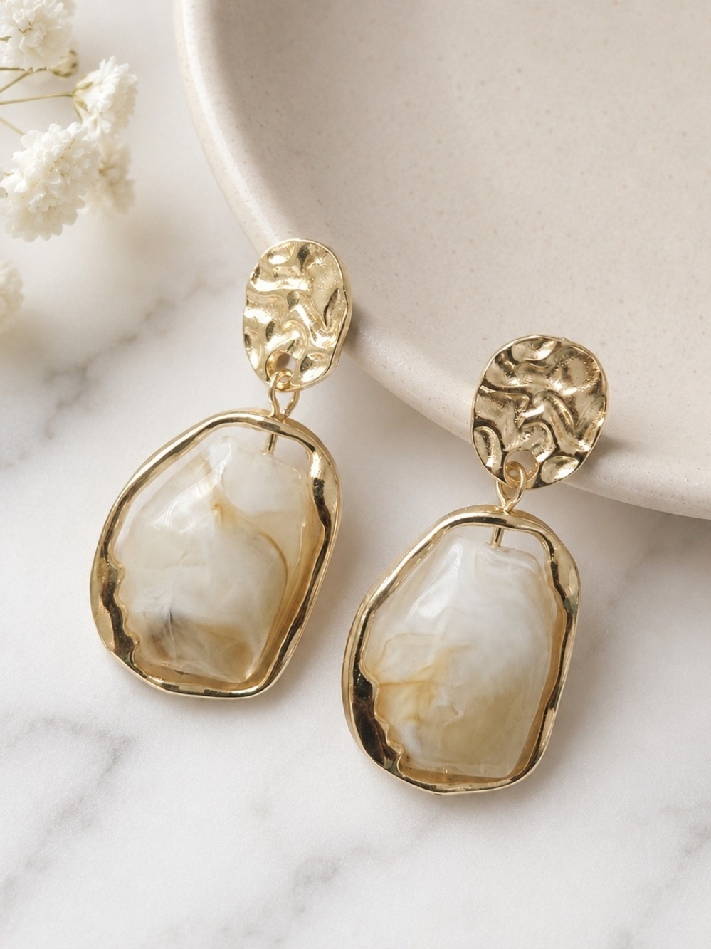 Ivory Marbled Looks Gold Tone Statement Drop Earrings | Modern Dangle Jewelry